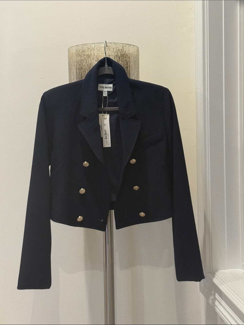 Steve Madden Navy Cropped Double-Breasted Blazer with Gold Buttons